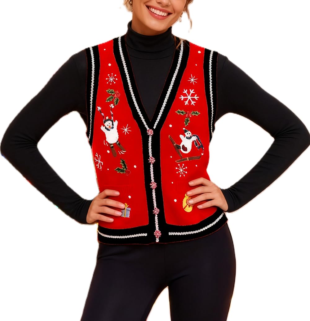 Women Christmas Knit Vest Button Down V Neck Sweater Vest Sequin Embroidered Sleeveless Cardigan Xmas Clothes