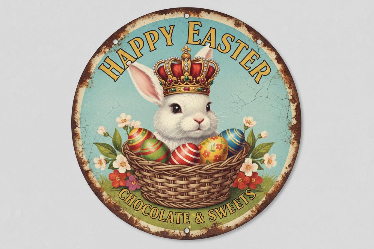 Vintage Bunny Wreath Tin Sign Easter Wreath Retro Spring Decor for Home Office Bar Cafe Laundry Room Utility Room 12x12inch
