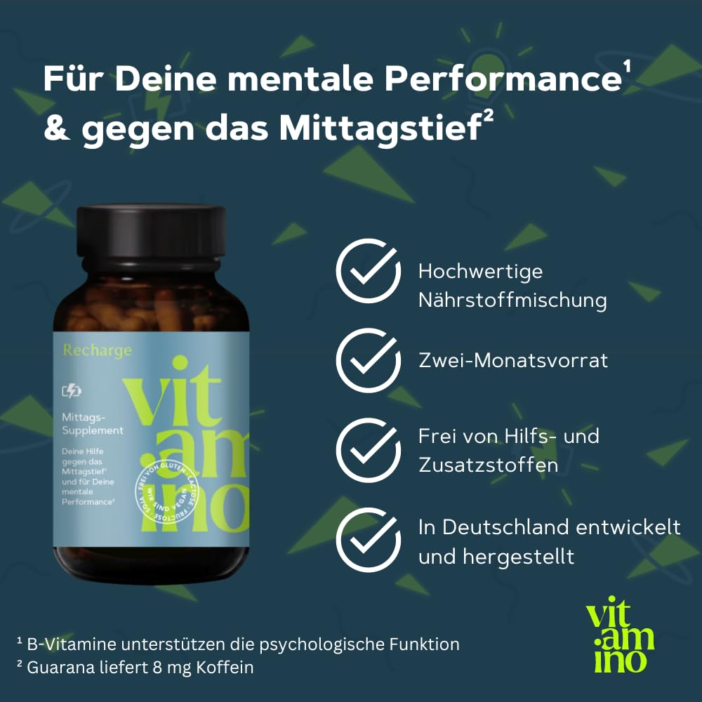 Vitamino Recharge - Koffeinhaltige Kapseln mit Guarana, Grüntee, B-Vitaminen uvm., für Deine mentale Performance - Vegan, Glutenfrei, Lactosefrei