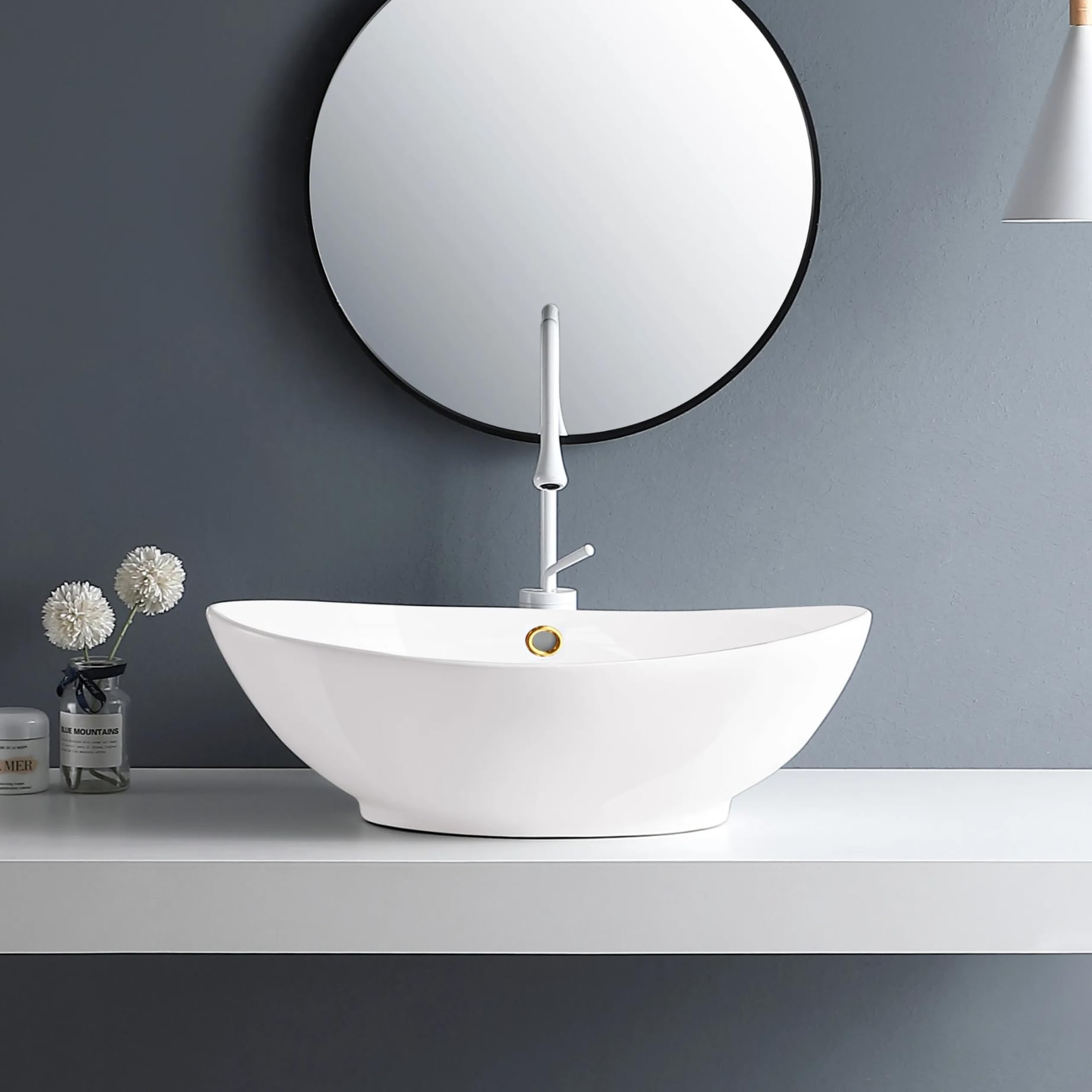 AQUAUNO Lavabo da appoggio MAYA, 59 x 39 cm, ovale, in ceramica bianca, senza foro per rubinetto, con troppopieno, oro, sanitari bagno