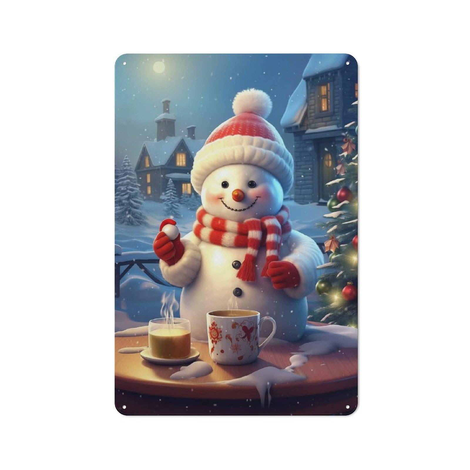 Junmoney Tea With Snowman Tin Wall Plaque 30X20cm With For Pub Or Café, A Decorative Christmas Gift For Hospitality Wall Decor Collectors
