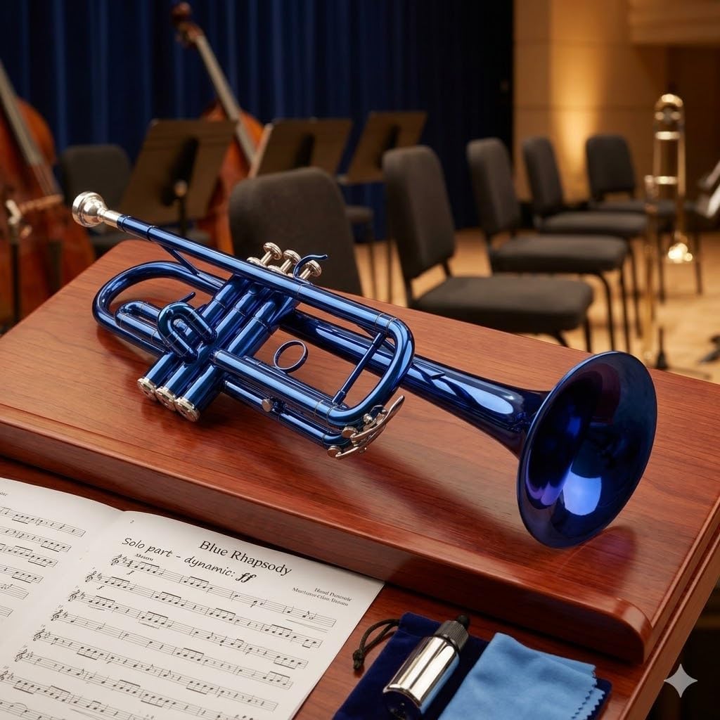 Bb Trumpet Set for Students and Beginners, Standard Brass Trumpet with Hard Case, 7C Mouthpiece, Gloves, Cleaning Cloth, Blue