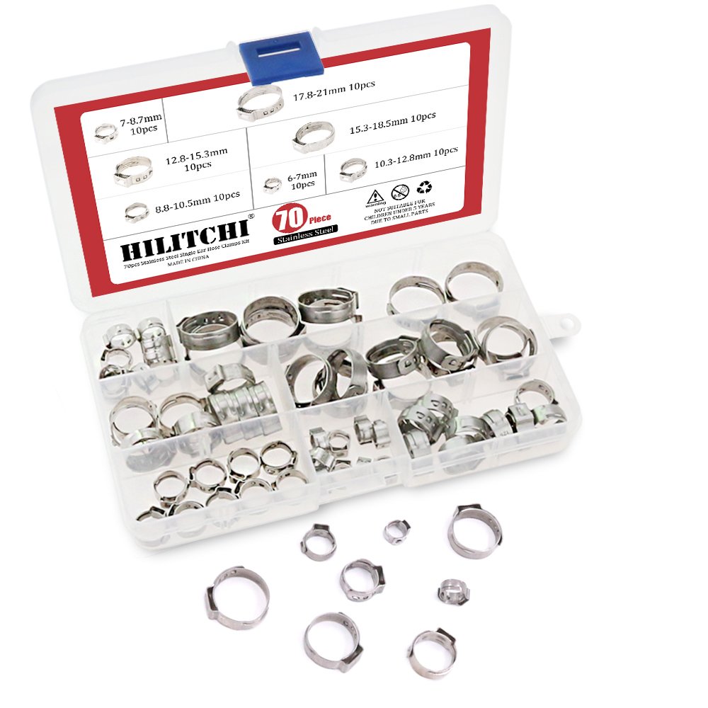 70Pcs Single Ear Stepless Hose Clamps Stainless Steel Cinch Clamp Rings Hose Clamps Kit for Tubing Pipes with Storage Box