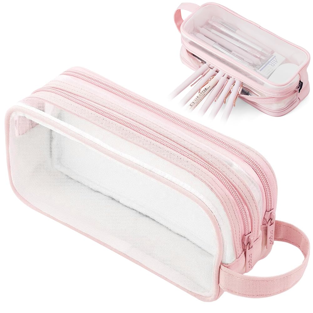 SENLINLU Pencil Case, Large Capacity Clear Transparent Mesh Pencil Pouch with Zipper, Dual 2 Compartments Portable Multifunctional Stationery Makeup Bag for Exam School Office Boys Girls Students