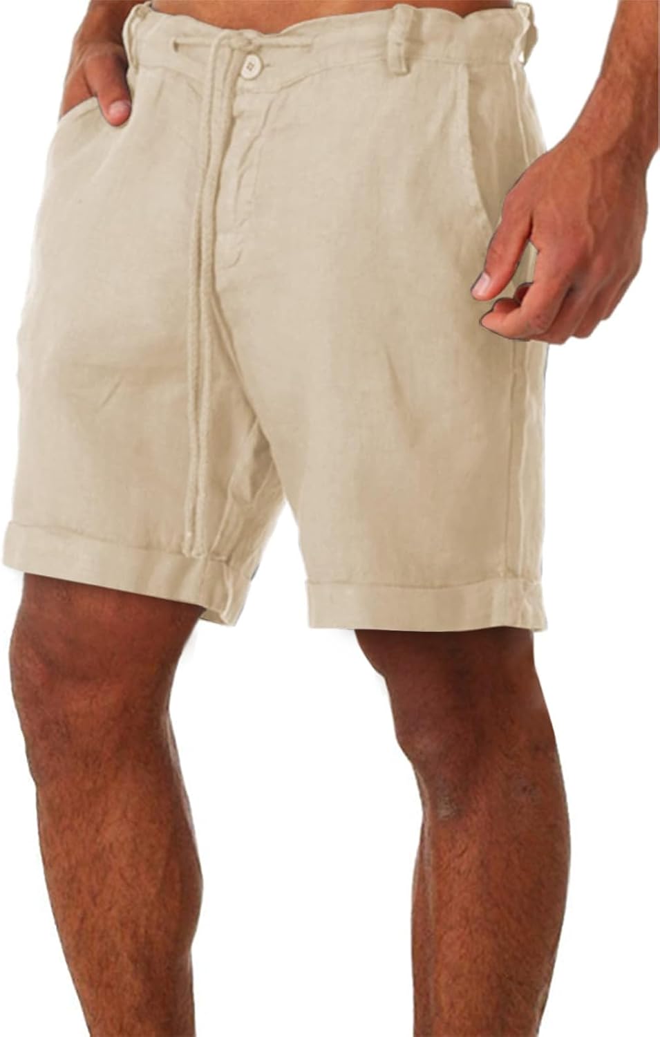 Men's Linen Casual Classic Short Elastic Waist Summer Beach Lightweight Board Slim-Fit with Pockets