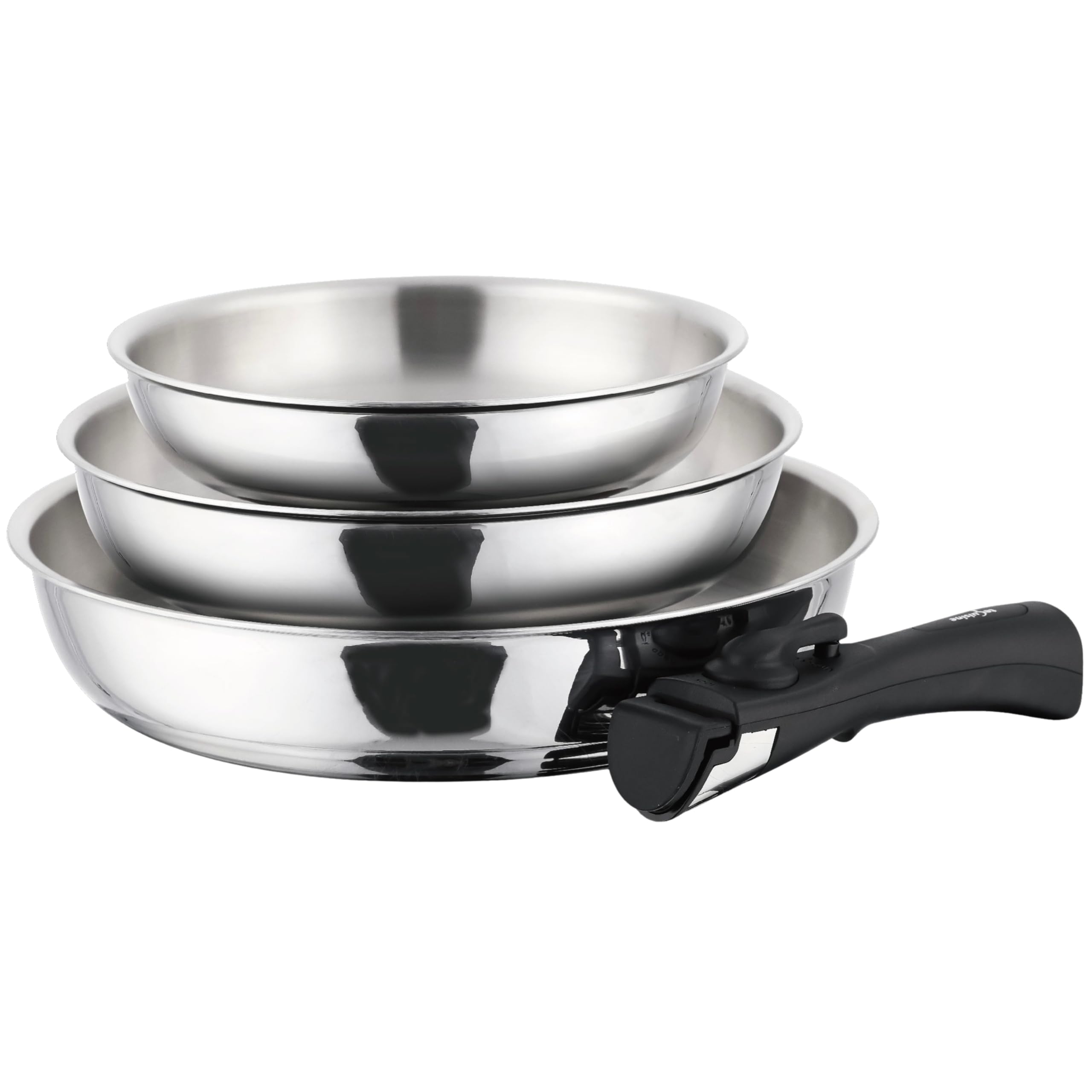 Lot Coffret de 3 Poêles Inox 18/10 Triply – 20/24/28 cm – Avec Manche Amovible – Sans Revêtement – Sans PFAS, PFOA, PTFE – Compatible Tous Feux Dont Induction – Cuisson Saine et Durable
