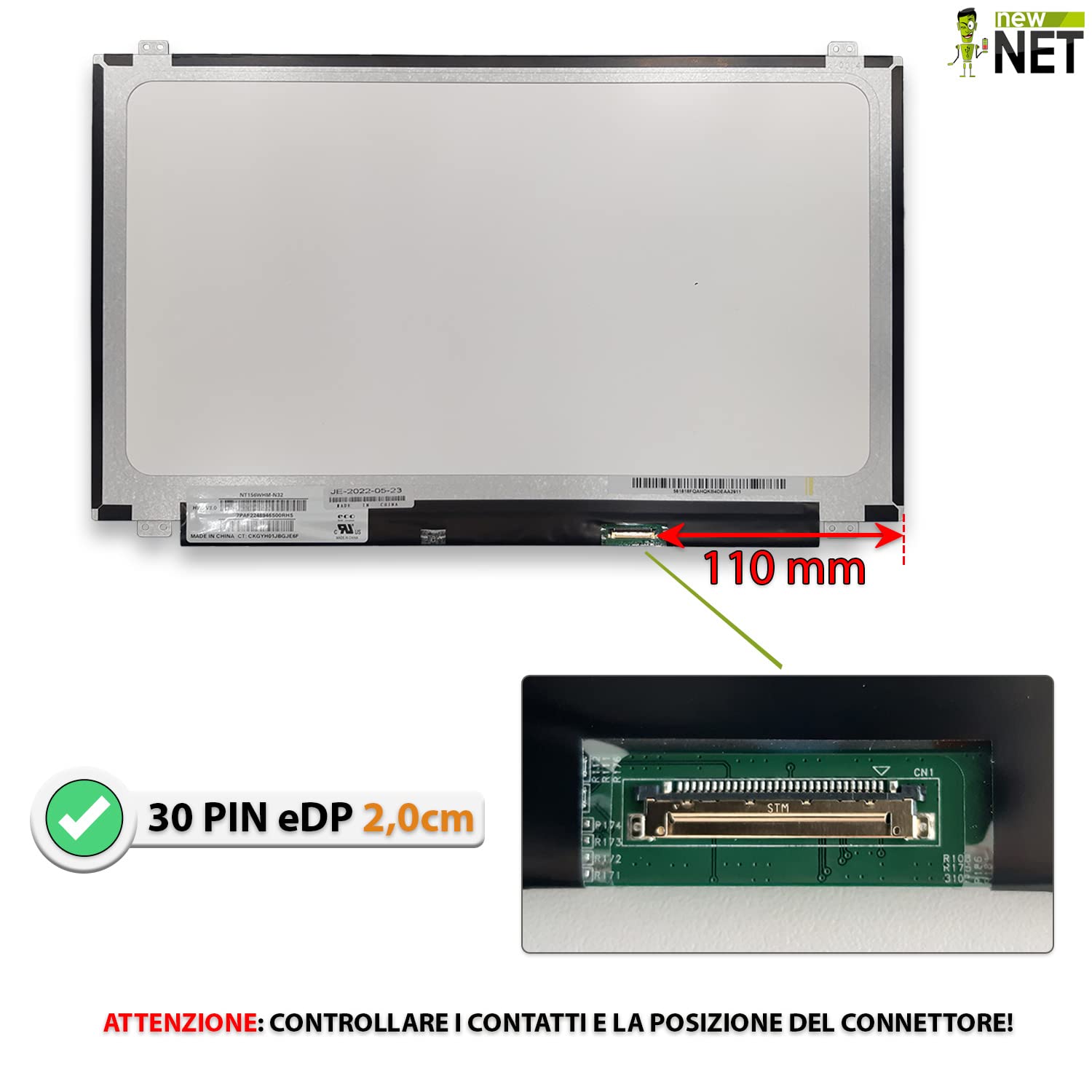 new net - Pannello Schermo Display LCD Compatibile con Lenovo 5D10G93202, 5D10G93203, 5D10G94547, 5D10H12049, 5D10H13020, 5D10H13022, 5D10H15253 [15.6 Pollici - HD - 1366 x 768-30 Pin]