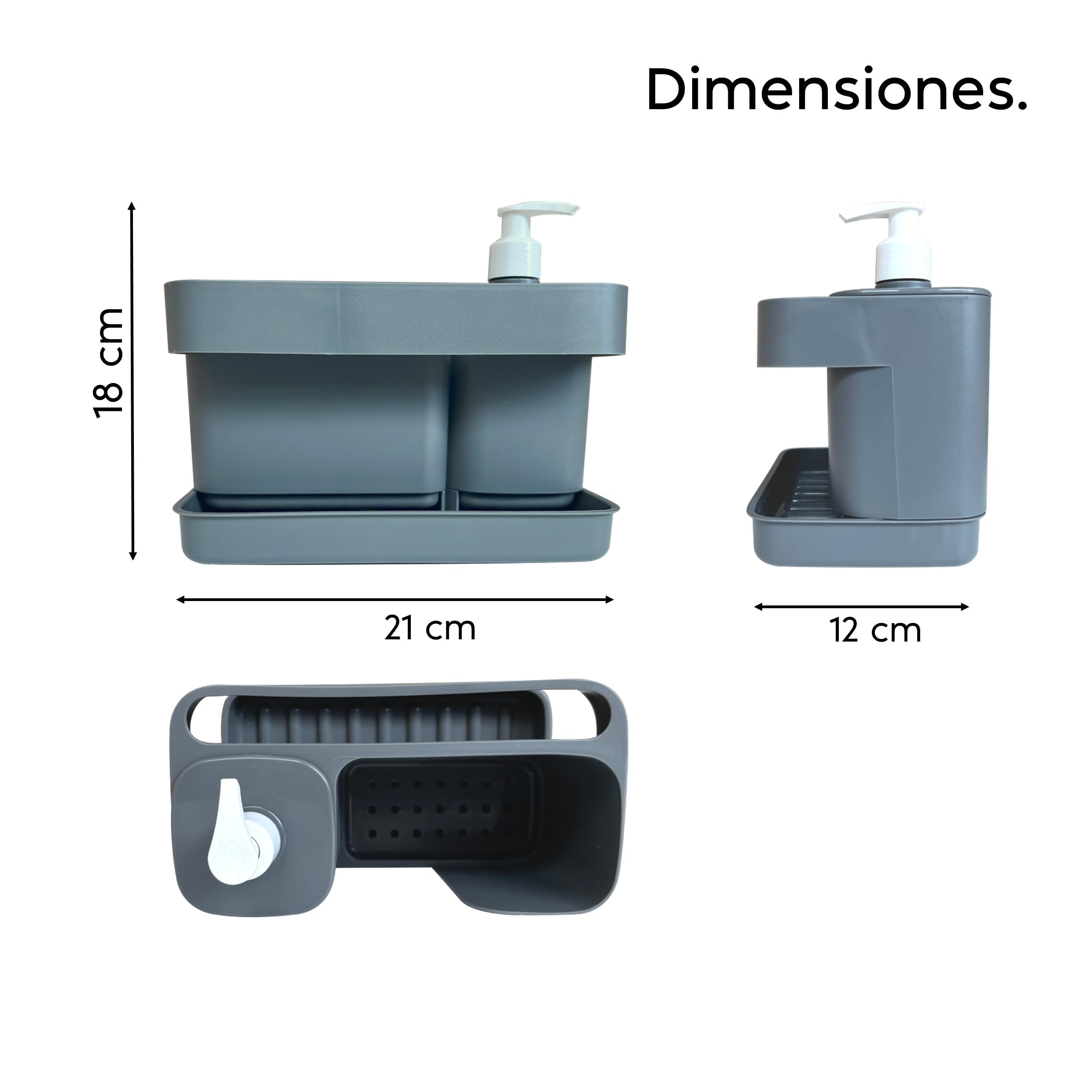 Snips Riordinello - Dispensador Jabón Baño y Cocina, Organizador Fregadero Cocina para Esponjas con Jabonera 400 ml y Soporte Estropajo Fregadero, Paños, Esponja y Bandeja 21x12x18 Made in Italy, Gris