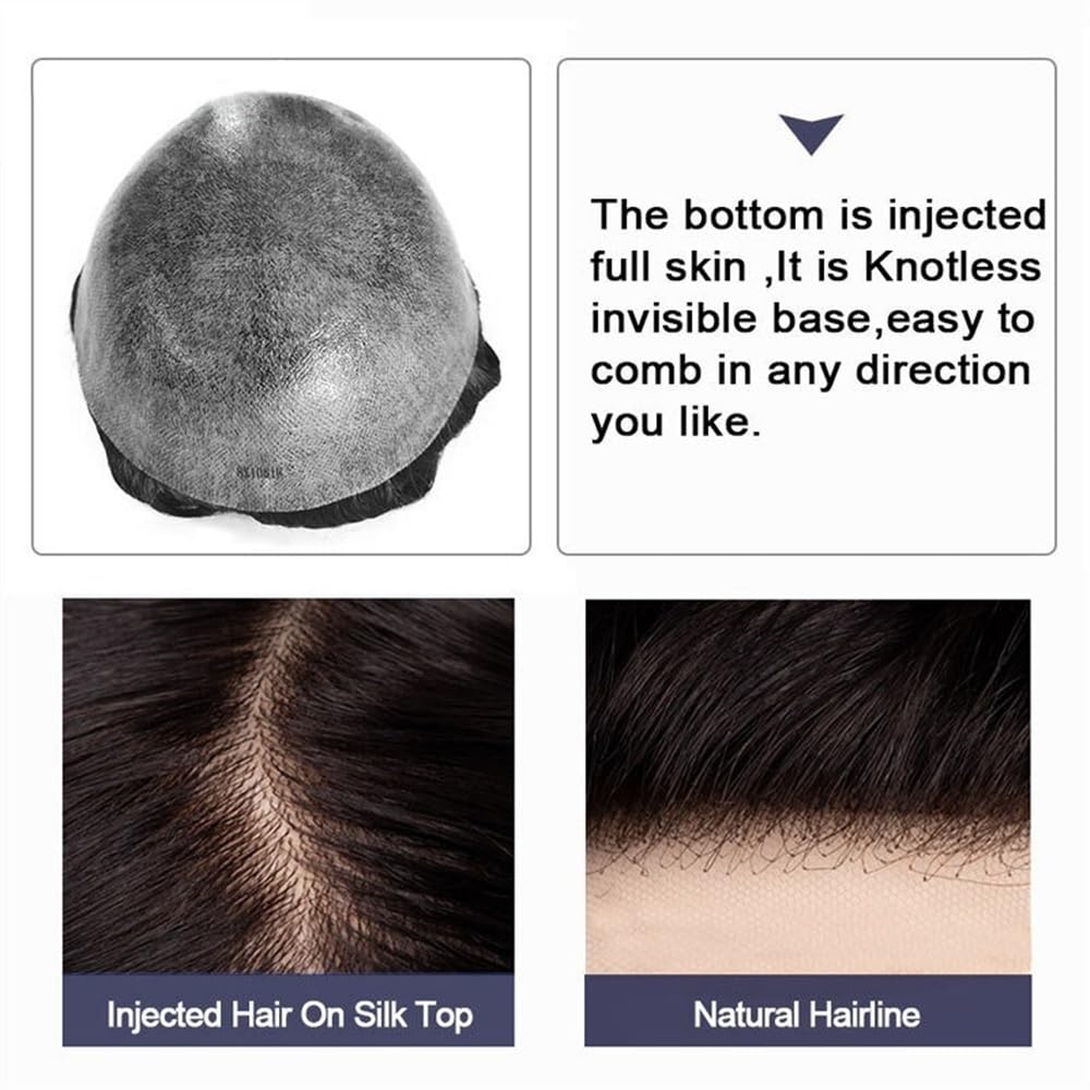 Tupé de pelo para hombres Tupé for hombres, 0,1-0,12 mm, sistema de reemplazo de cabello humano indio, base de PU, prótesis de cabello suave for hombres, inyección de piel fina Sistema de cabello para