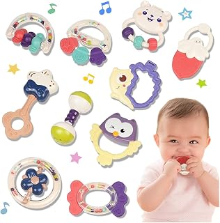 10pcs Baby Toys Rattles Set, Toddlers Chewing Teething Toys Grab Shaker Hand Bells and Spin Rattle Musical Toy Playset Early Educational Gift Toys for Baby Newborn Infant 6-12 Months