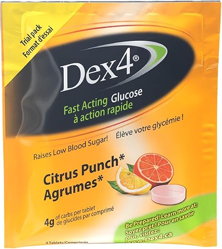 Dex4 Tabletas de glucosa, ponche de cítricos, paquete de bolsillo que contiene 4 tabletas, cada tableta contiene 0.14 oz de carbohidratos