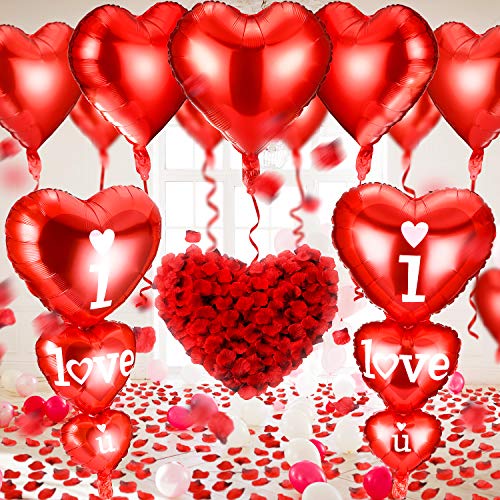 3000 dark red silk rose petals with 14 red heart shape balloons a…