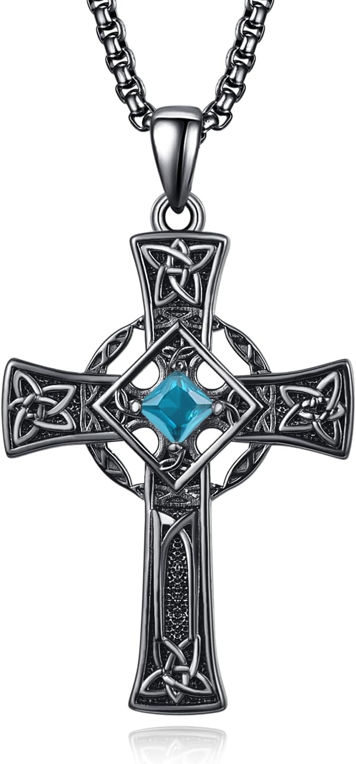 Celtic Cross Birthstone Necklace, 925 Sterling Silver Birthday Gifts, Good Luck Irish Jewelry, Multiple Styles and Colors, with 2.5mm 22"+2" Rolo Chain