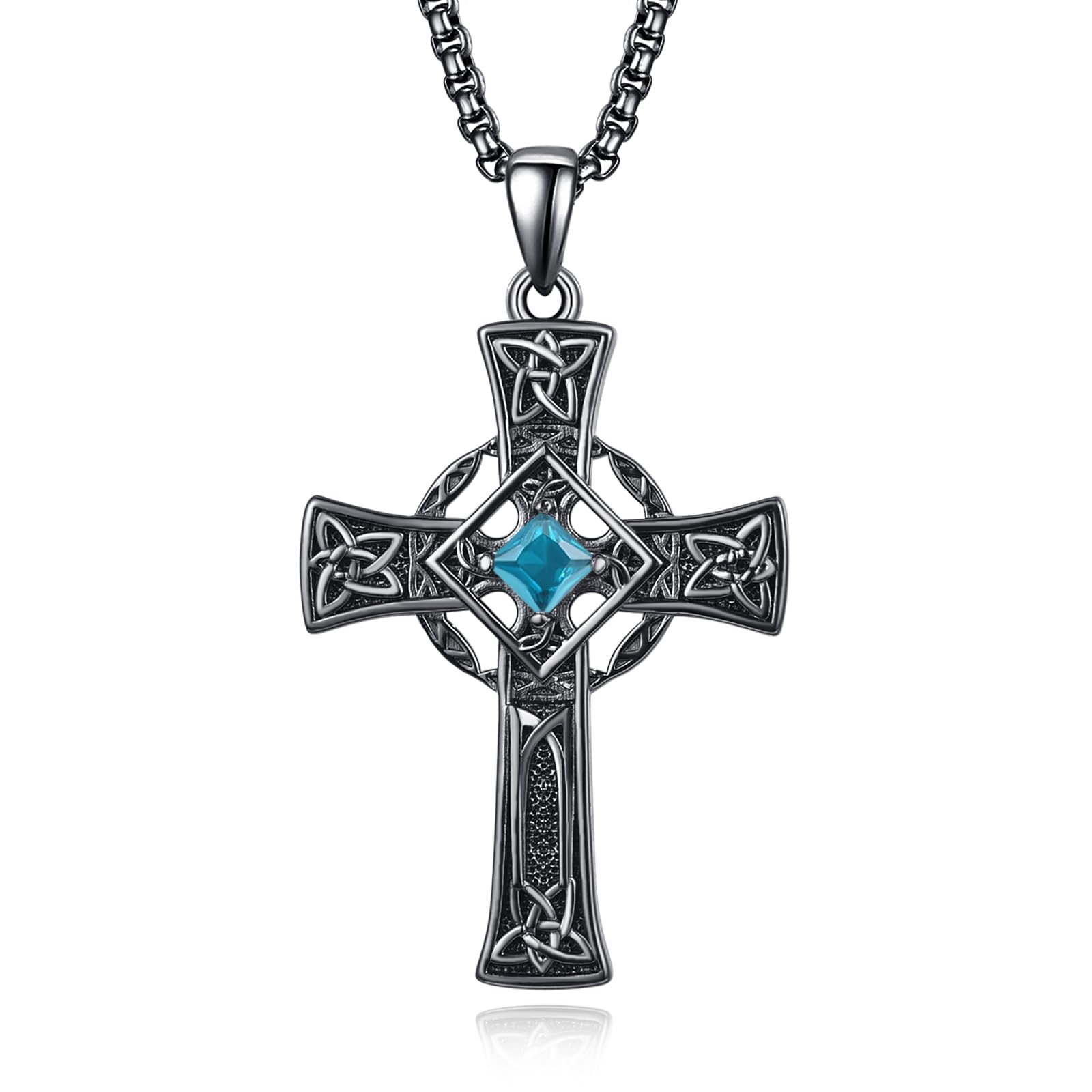 Celtic Cross Birthstone Necklace, 925 Sterling Silver Birthday Gifts, Good Luck Irish Jewelry, Multiple Styles and Colors, with 2.5mm 22"+2" Rolo Chain