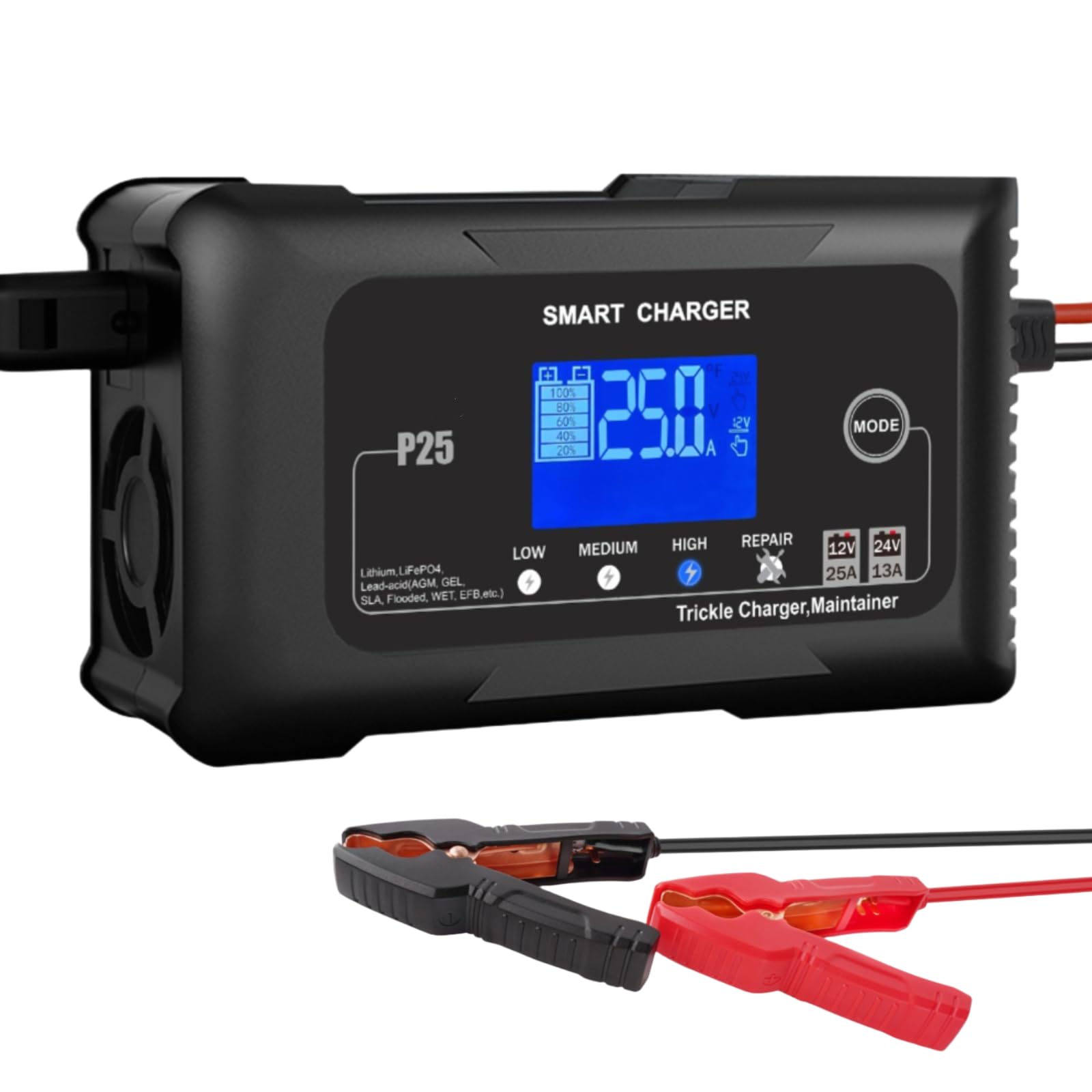 Cargador y mantenedor de batería Inteligente para Coche de 12V/24V y 25A,con 9 etapas de Carga y Pantalla LCD,4 Modos seleccionables para litio/LiFePo4/plomo-ácido/AGM,Compatible con Varios vehículos