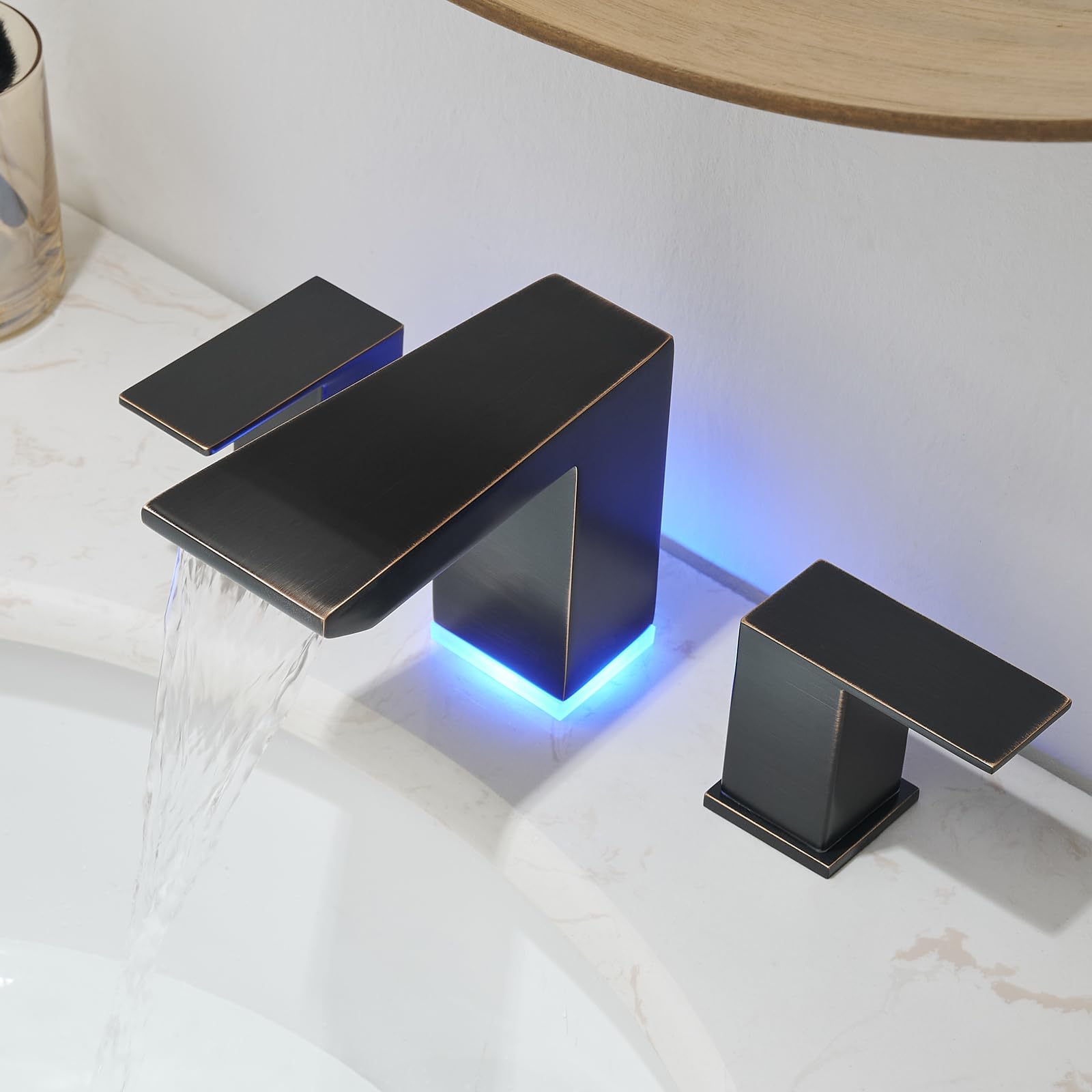 BESy Led 3 Hole Bathroom Sink Faucet, Oil Rubbed Bronze Waterfall Wide Spread Bathroom Faucet with 3 Colors Light Changing, Widespread Vanity Faucet 2 Handle with Supply Lines