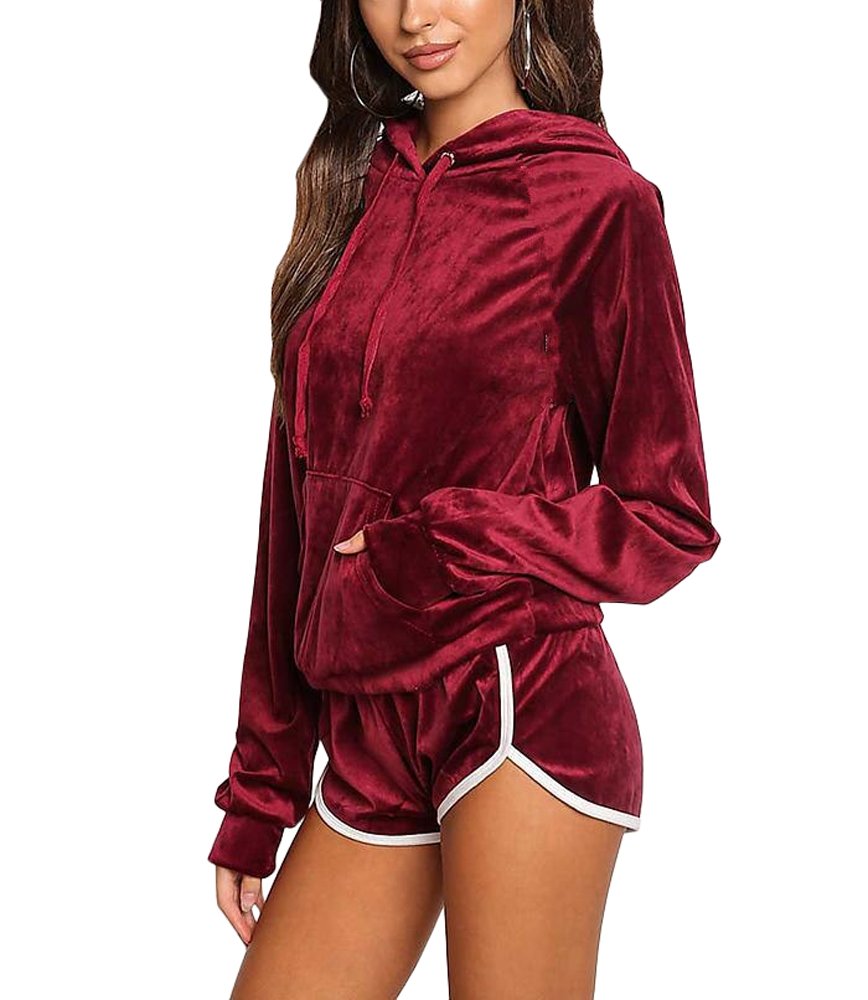 Womens Velvet Hoodie And Shorts Set Tracksuit With Pocket