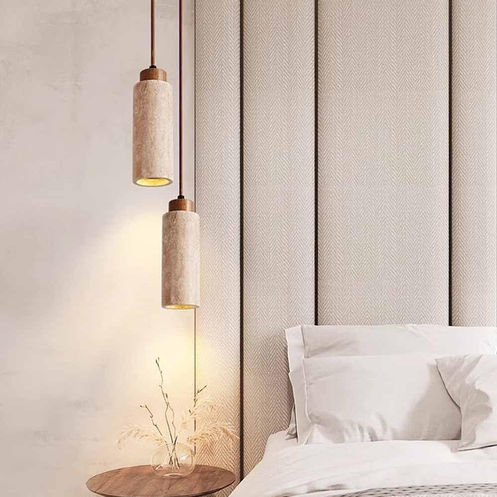 TRIVIDHA Lámpara Colgante Moderna De Tubo Largo con Piedra Lámpara Colgante De Piedra Cilíndrica Rústica para Isla De Cocina Lámpara Colgante De Altura Ajustable con Base De Madera para Comedor