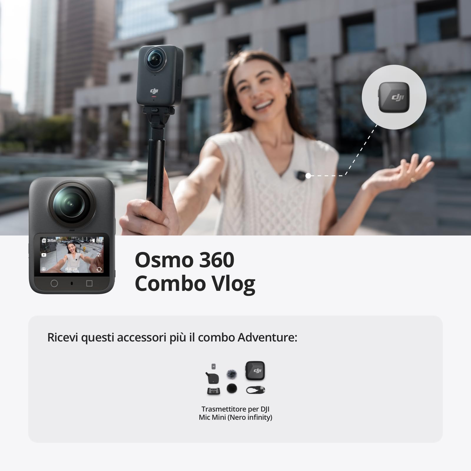 DJI Osmo 360 Combo Vlog, fotocamera 360 ideale per vlogger con trasmettitore Mic Mini, durata della batteria estesa, action cam con immagini a 360° da 1 pollice, video a 360° nativi in 8K