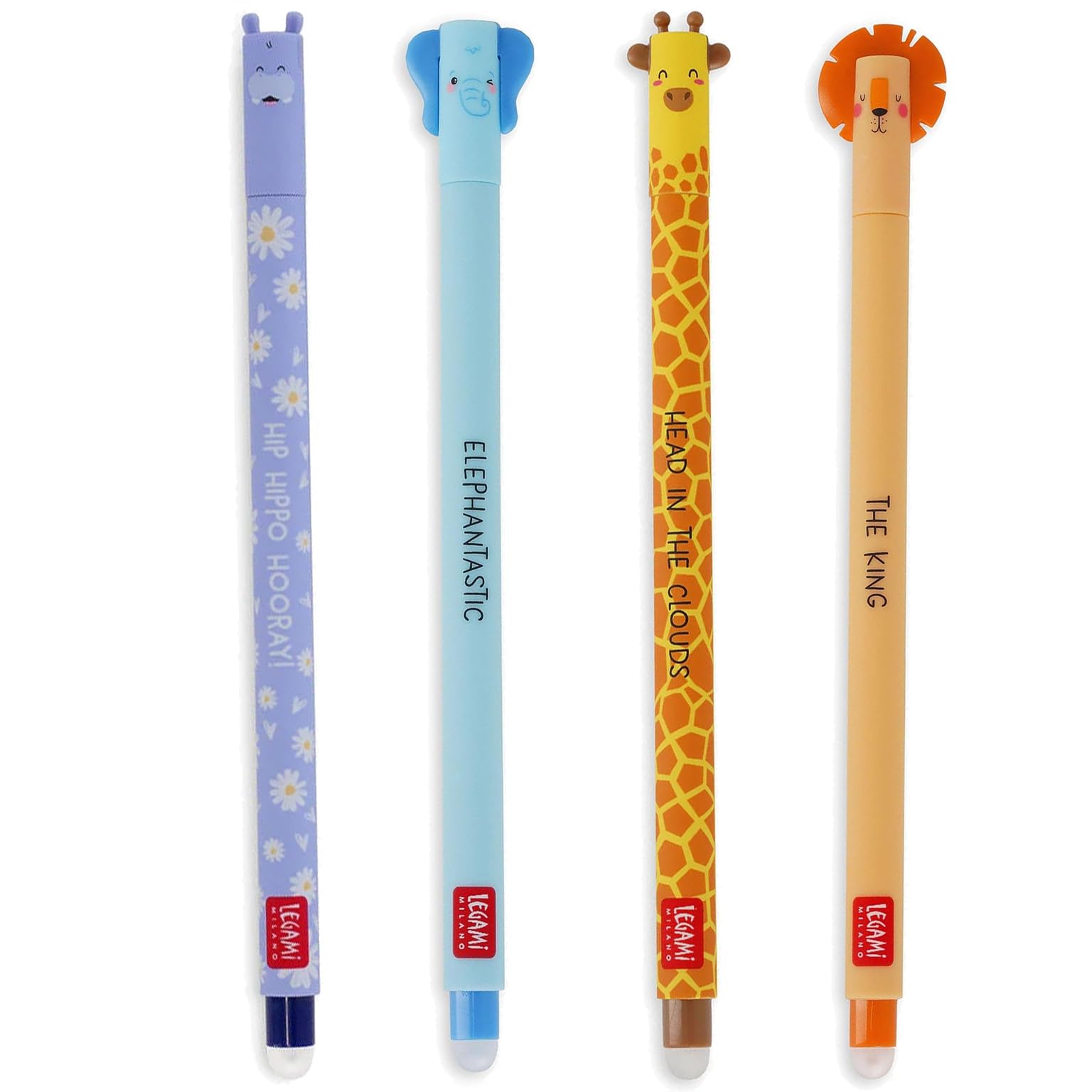 Legami - Juego de 4 bolígrafos de gel borrables con tinta borrable Wildlife, hipopótamo, elefante, jirafa y león. Se puede borrar sin consumir la hoja