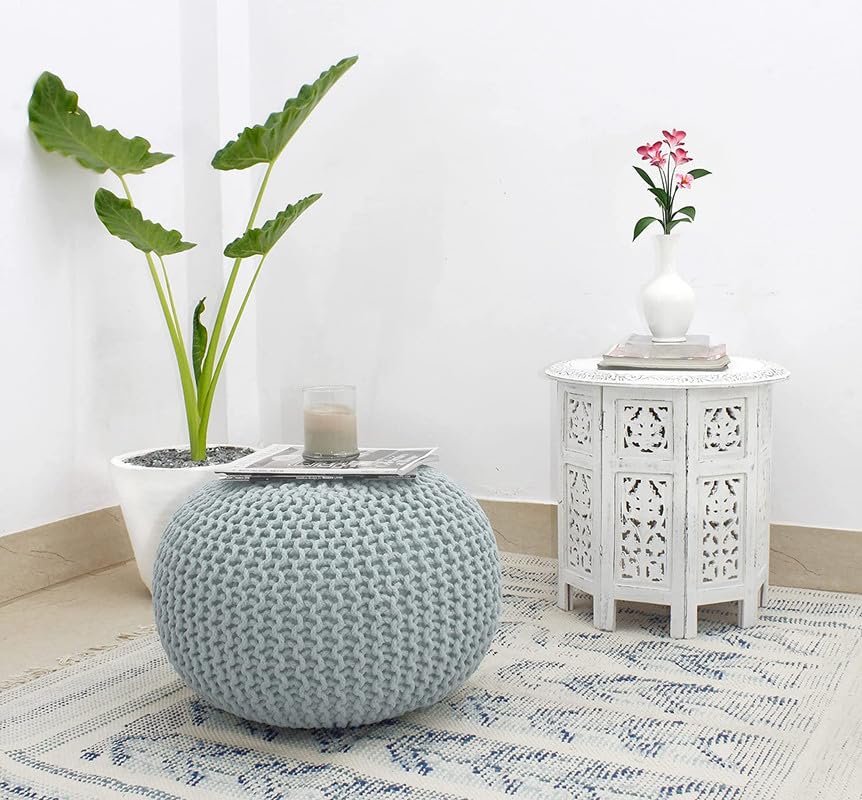 Image of Designs Hand Knitted Cotton Rope Beans Filled Round Oval Pouf Pouffe - Multi Colour - Pack of 01 - Designed for Living Room Sitting, Foot Rest