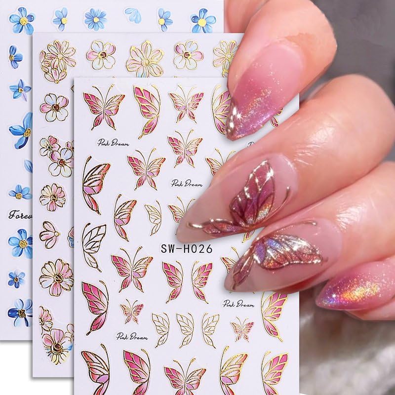 Flower Nails Stickers Spring Nails Sticker 3D Embossed Self Adhesive Sticker Pink Blue Petals Designs Nail Decals Pink Butterfly Nail Art Decals Summer Decals for Nail DIY Manicure 6Sheets