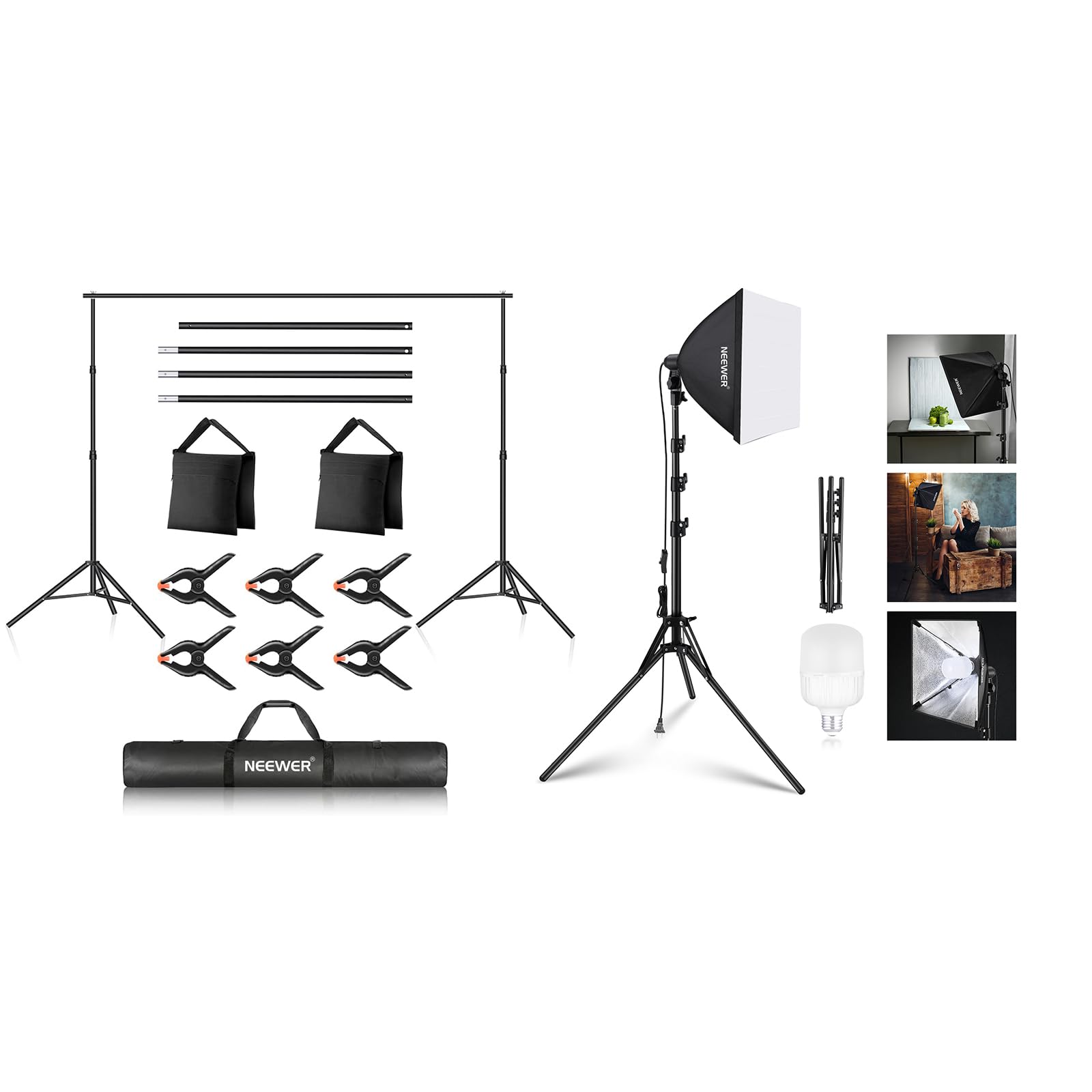 Neewer 2 Pack Photo Studio Backdrop Support System, 10x6.6ft Adjustable Background Stand with 4 Crossbars, 6 Backdrop Clamps, 2 Sandbags, for Portrait Photography, SF40 16"x16" Softbox Lighting Kit