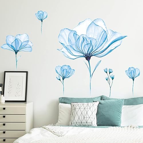 Miniatura 5 de Calcomanías de pared de flores azules, calcomanías de pared florales, vinilo extraíble, despegar y pegar, arte de pared para dormitorio, sala de
