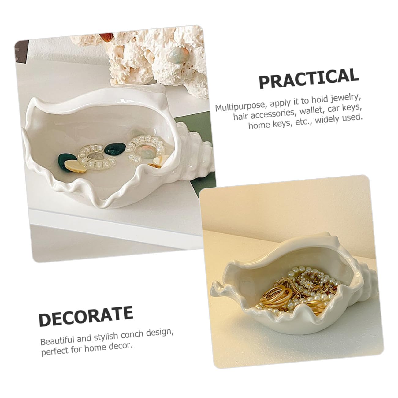 Keramik Schmuckschale Muschelform Dekoratives Schmucktablett Multifunktionales Aufbewahrungs Dekotablett für Schmuck Schlüssel und Ohrringe Weißes Conch Design für Wohnzimmer und