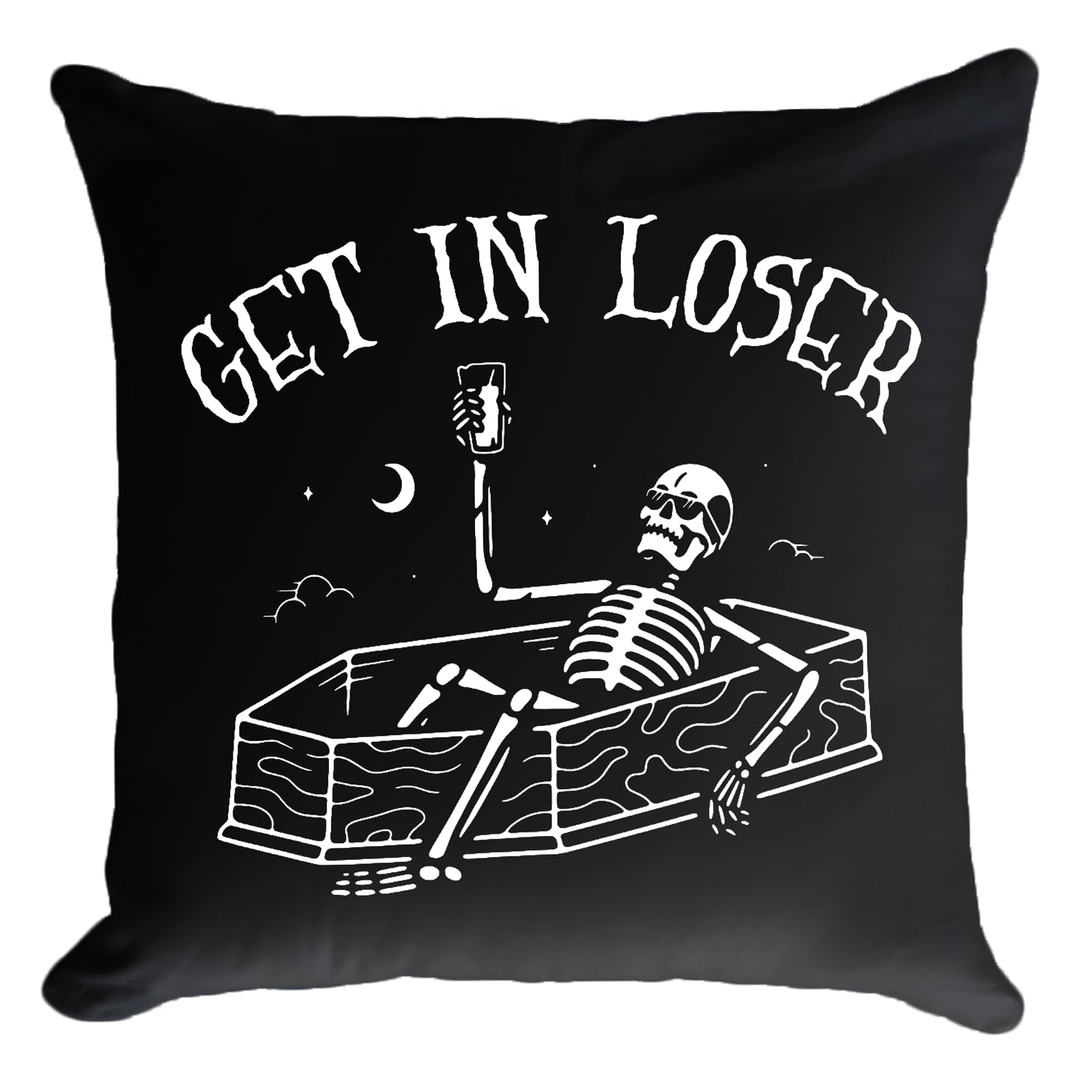 Black Halloween Skull Pillow Covers (18 x 18 Inch) - Funny Get in Loser Skeletons Drink Coffee Goth Spooky Scary Skull Decor, Autumn Square Cushion Case for Home Sofa Couch