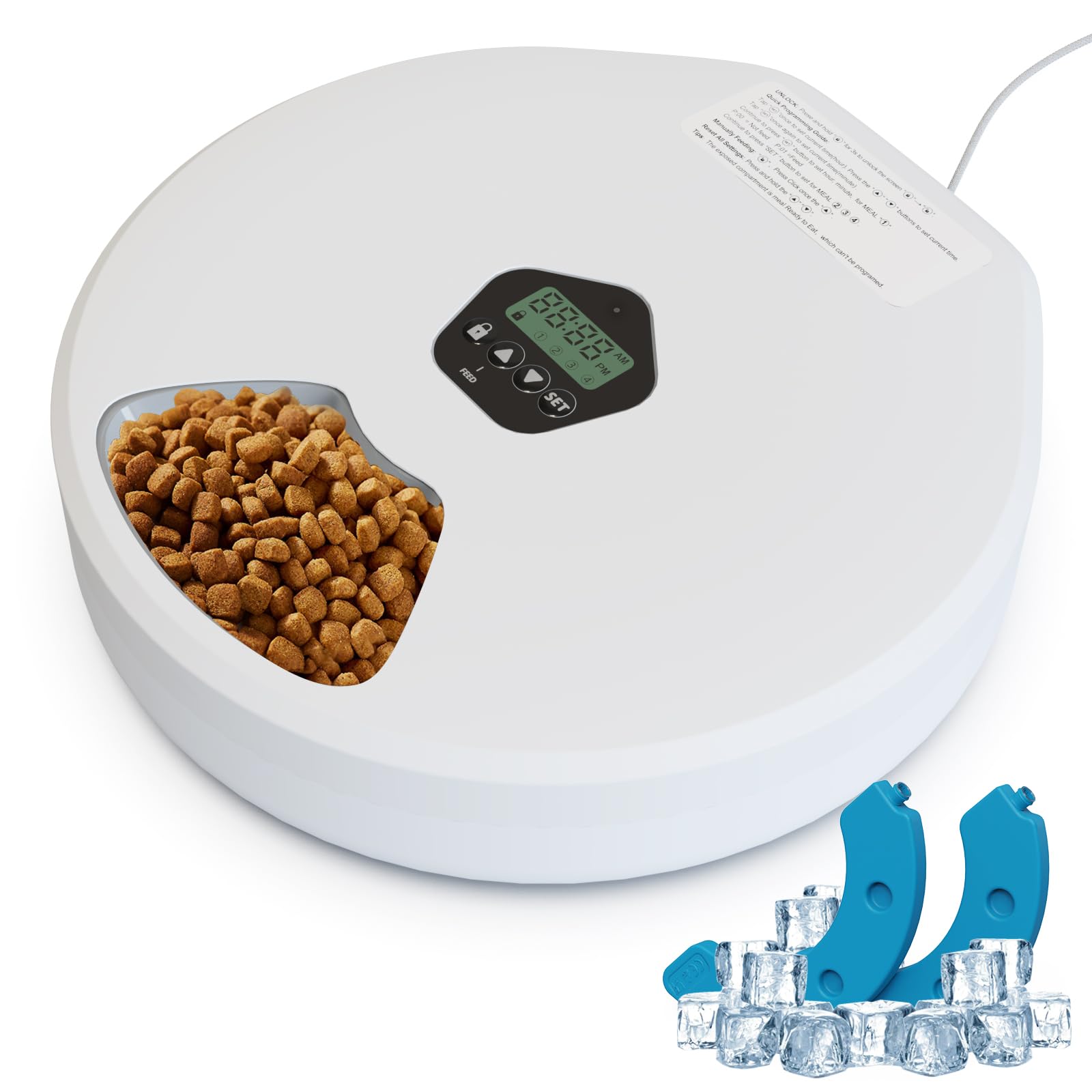 Comedero inteligente para gatos y perros – Dispensador temporizador de 5 comidas, apto para comida húmeda y seca, 2 cubos de hielo para mantener frescos, color blanco