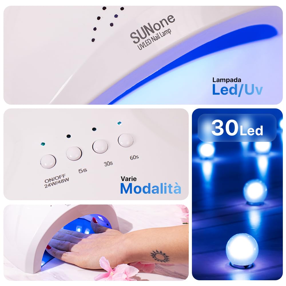Kit Semipermanente Unghie Professionale, Kit Ricostruzione Unghie Gel Completo, Lampada Uv Led 48w, Smalto Unghie Primer, Base & Top Coat Semipermanente (Lattiginoso)