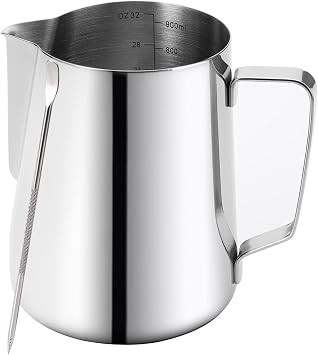 Nicunom Milk Frothing Pitcher 32oz, 304 Stainless Steel Steaming Pitchers 900ml Milk Frother Cup with Art Pen, Espresso Cappuccino Latte Art Barista Coffee Accessories