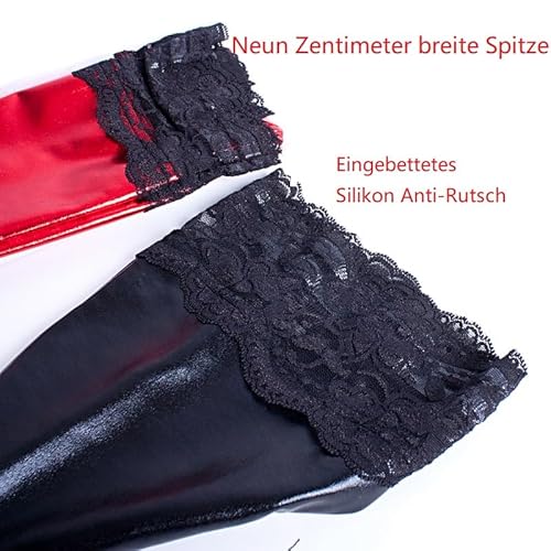 YILUQIFLY Frauen Sexy Lackleder Elastische Spitze Lange Strümpfe Party Enge Glänzende Metallische Strümpfe für Cospaly (DE/NL/SE/PL, Alphanumerisch, Einheitsgröße, Regular, Regular, Rot)