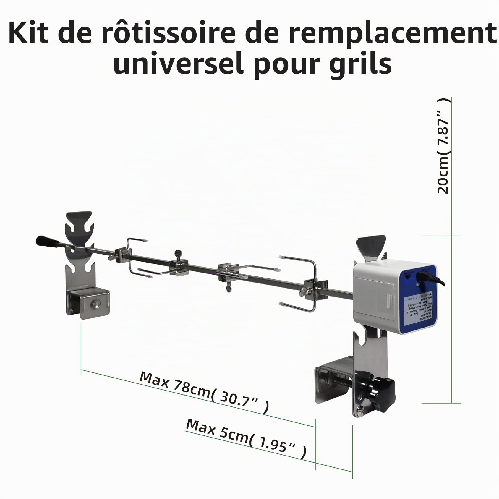 Kit de rôtissoire universel de rechange 5078a - Installation rapide - Portable - Pour camping, barbecue - Trois hauteurs - Longueur réglable - Accessoire de rôtissoire - Fourchette à poulet - Moteur