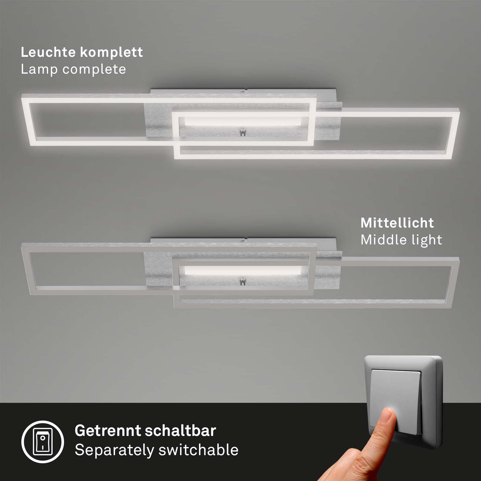 Briloner Leuchten - LED Deckenleuchte mit Mittellicht, warmweiße Lichtfarbe, getrennt schaltbare LED Deckenlampe, Speicherfunktion, schwenkbare Wohnzimmerlampe, Aluminium gebürstet 3546-018