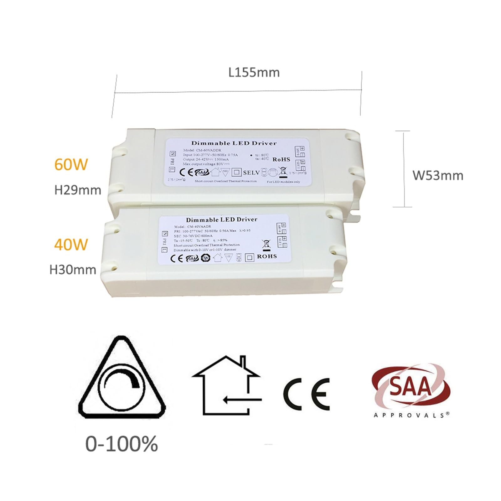 0 10V Dimmer Driver Dimmerabile Corrente Costante 40W 60W Adattatore di Alimentazione LED 600mA 700mA 1A 1.2A 1.5A 1.6A for Lampada da Incasso Ingresso 100-277V(1200mA 30-60V)