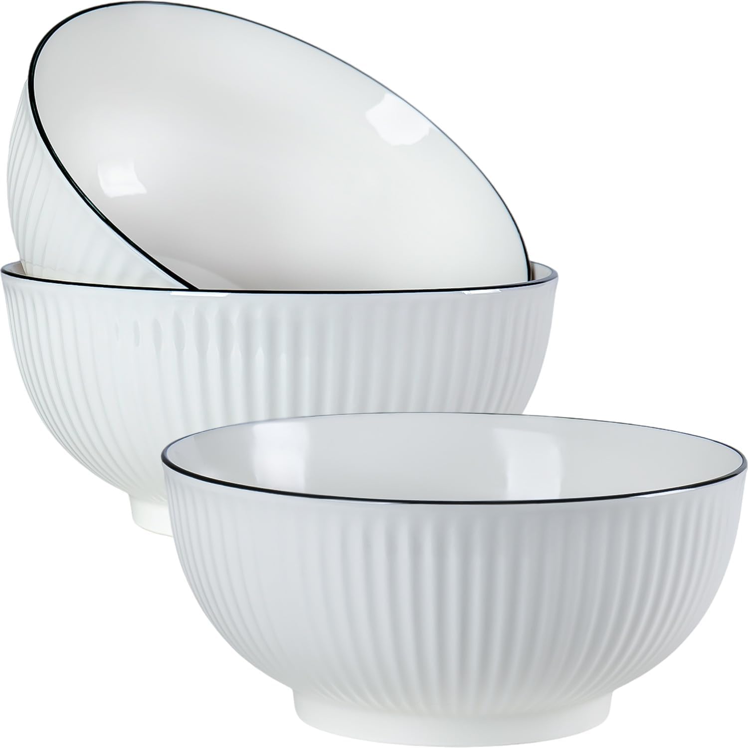 60 oz Large Soup Bowl, Pho Bowls, 8-Inch Off-White Fluted Porcelain Bowls Set of 3, Perfect for Hearty Meals and Serving
