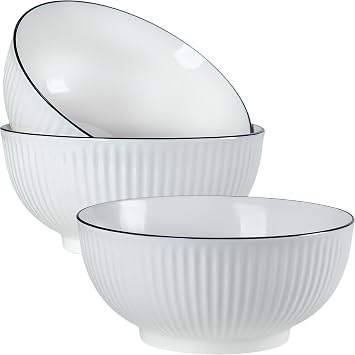 60 oz Large Soup Bowl, Pho Bowls, 8-Inch Off-White Fluted Porcelain Bowls Set of 3, Perfect for Hearty Meals and Serving