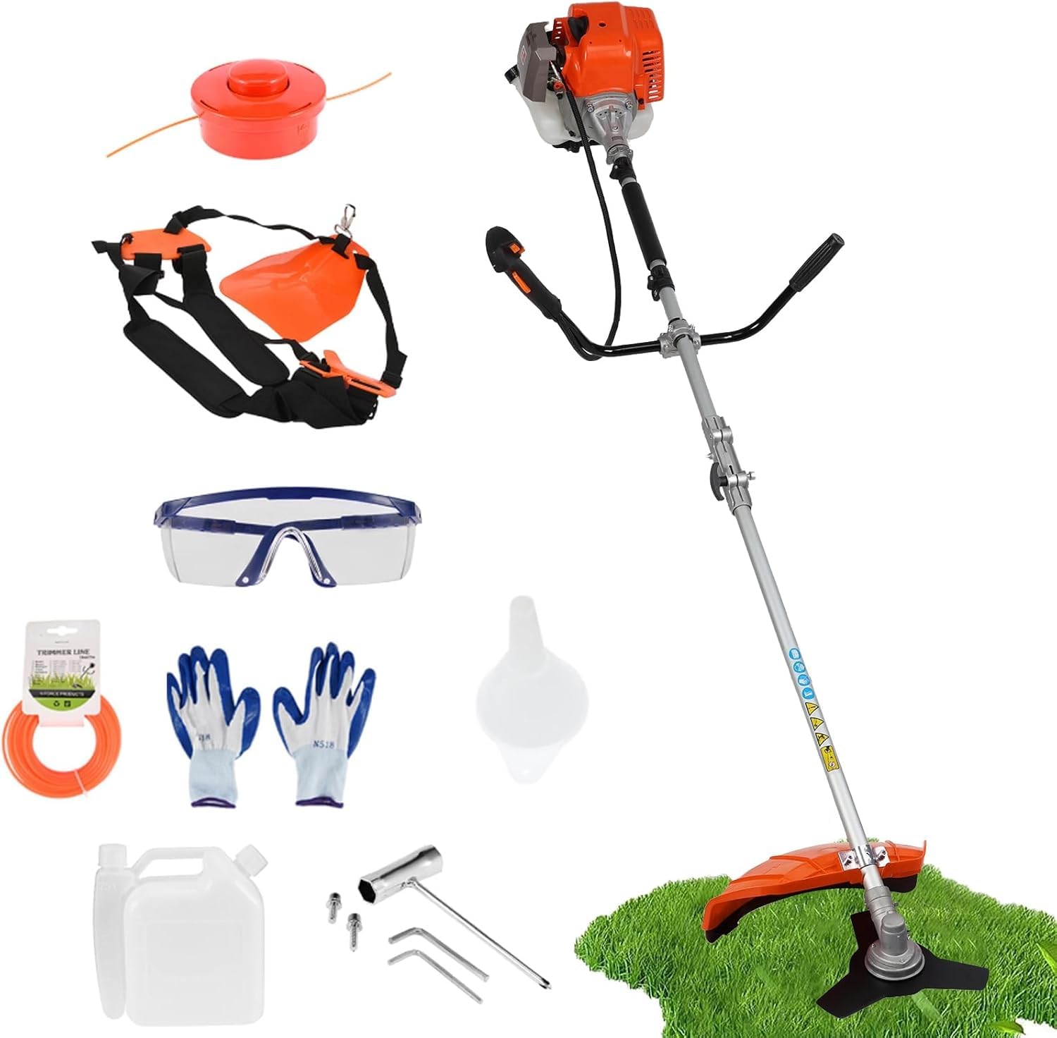 Desbrozadoras de gasolina de 52 cc de 2 tiempos con accesorios de protección de funcionamiento completo, recortadora de setos inalámbrica 2 en 1 y juego de desbrozadora de cepillo de jardín con gafas