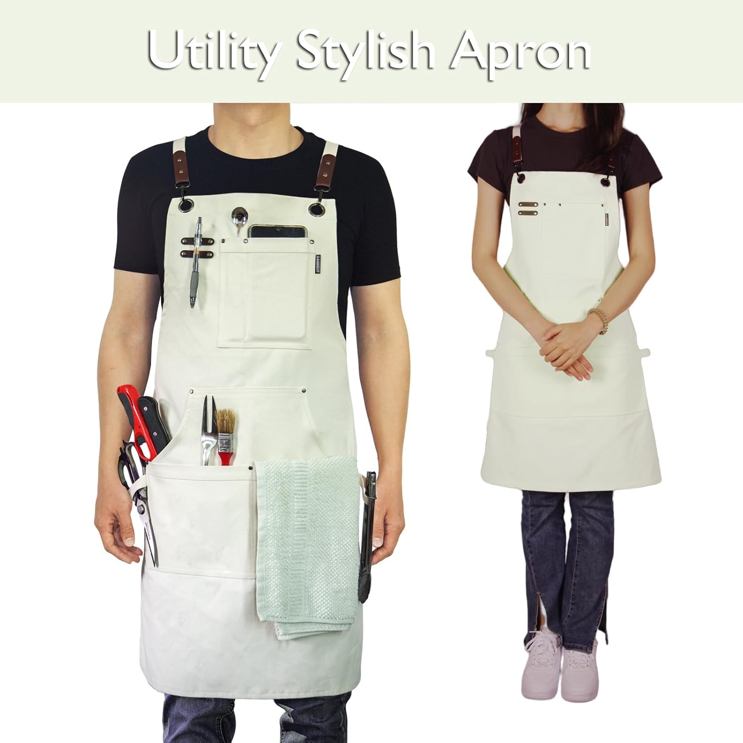 Kitchen Apron, Work Apron, Canvas, Multiple Pockets, Gardening, Painting, BBQ, Artist, Carpenter, Sizes M to XXL, White - Image 2