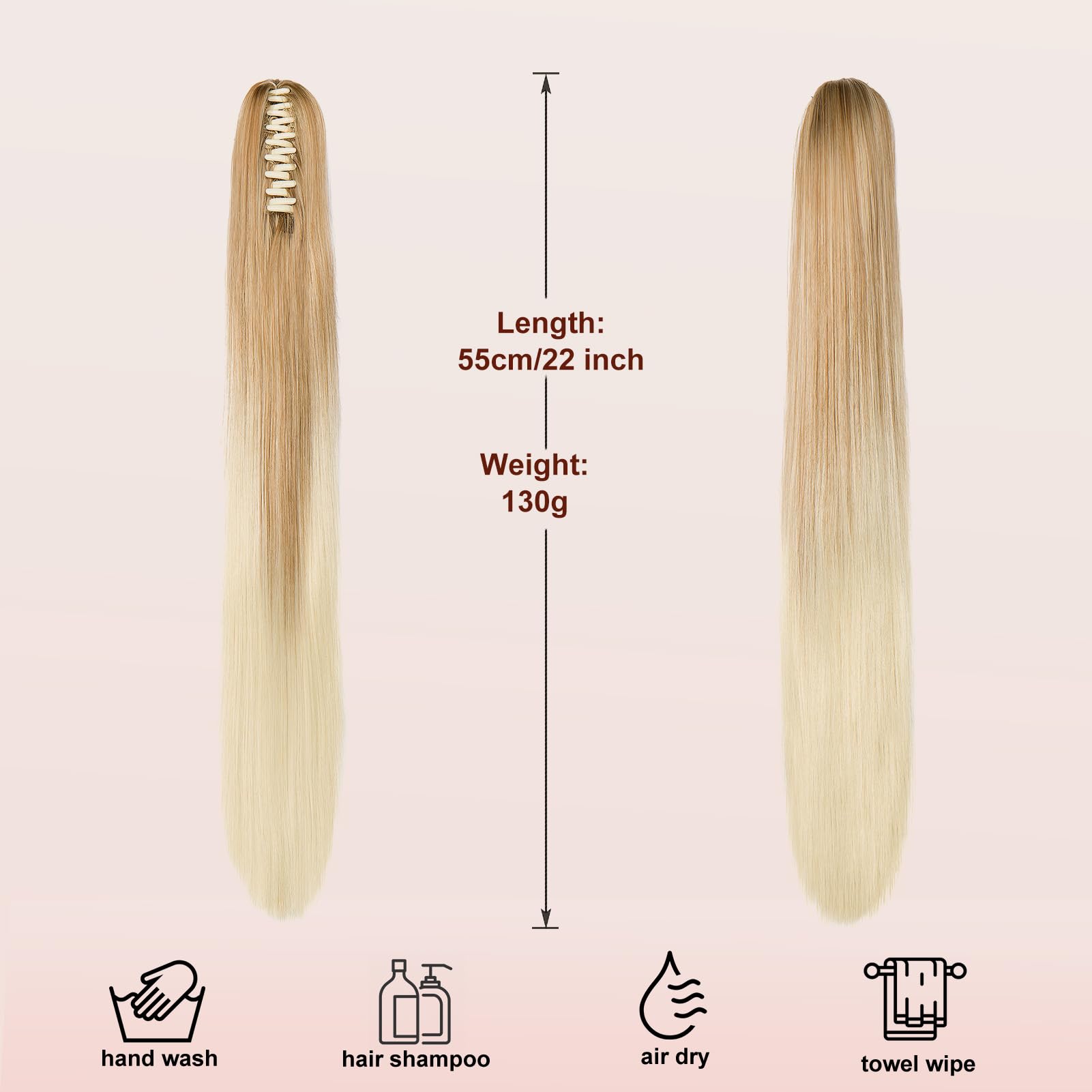 Dcbaboo 22inch Claw Clip in Ponytail Hair Extensions Long Straight Ponytail Extension Synthetic Pony tails Natural Wave One Piece Hairpiece Fake Ponytail for Women Dark Blonde Ombre Bleach Blonde - Image 3