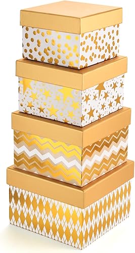 Miniatura 9 de PAPER FAIR Juego de 5 cajas de regalo anidadas con purpurina dorada brillante, organizador de almacenamiento de cartón cuadrado plano con tapa,