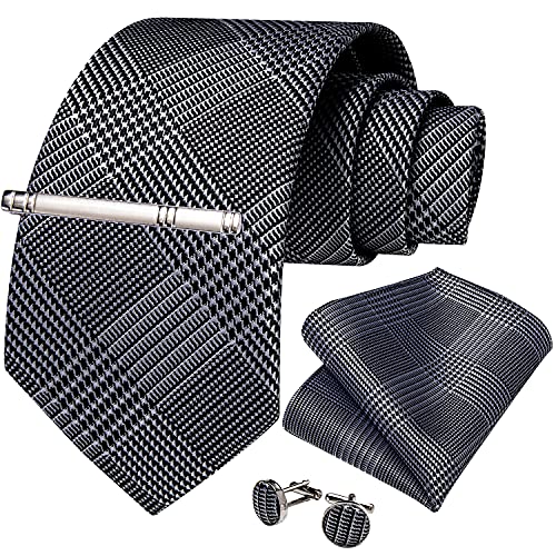 Image of DiBanGu Plaid Ties for Men Silk Checkered Necktie and Pocket Square Cufflinks Tie Clip Set with Gift Box for Wedding Business