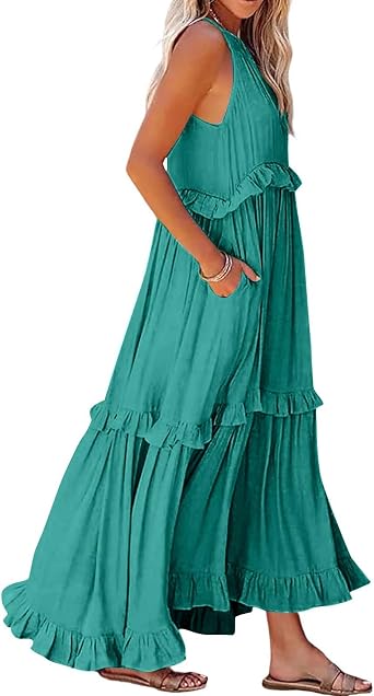 Maxi Dresses for Women 2025 Summer Sleeveless Halter Long Dress Loose Tiered Flowy Swing Smocked Ruffle Beach Dress