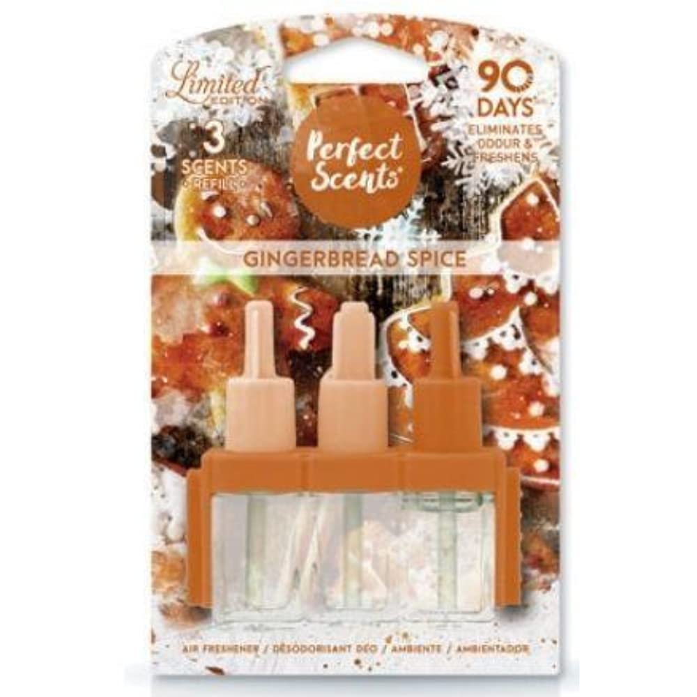 Perfect Scents Plug In Refill Air Freshener - Compatible with 3volution White Flowers Mystical Japan Gingerbread Spice Cinnamon Mountain Air & Forest Pine (1 Pack= 3X20ml) (Gingerbread Spice, 4 Pack)