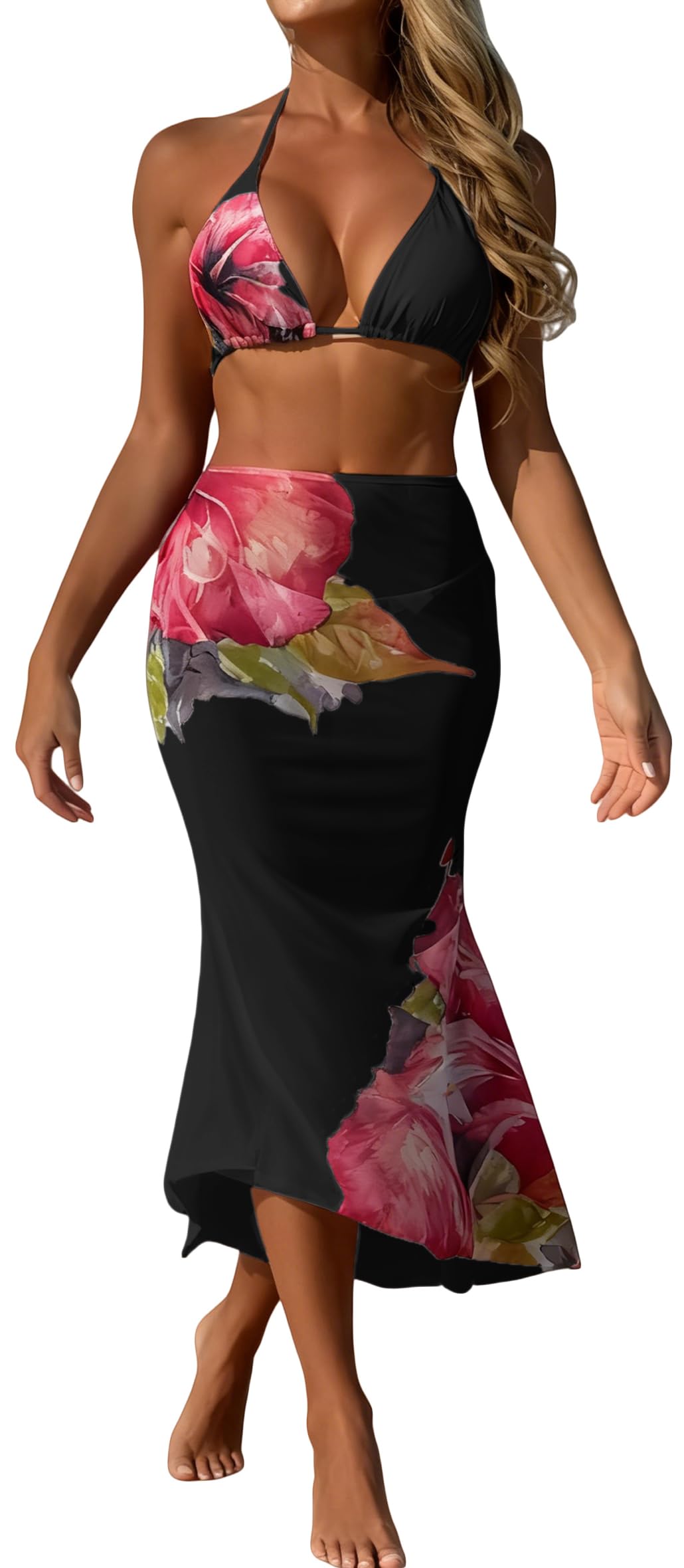 Bikini femme 3 pieces ensemble maillot de bain plage imprimé floral sexy S-L - 7