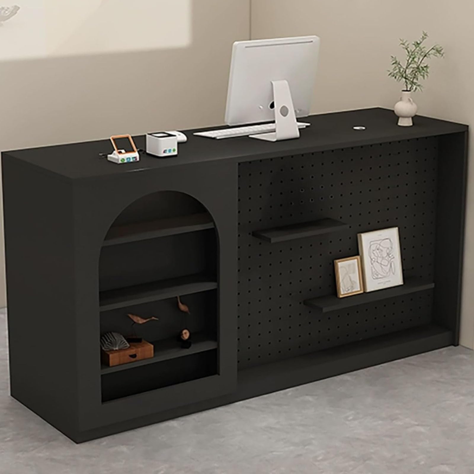 Stolik recepcyjny, licznik detaliczny z perforowaną tablicą, stolik do kasy z zamykaną szufladą, stół do recepcji, czarny, 110 cm