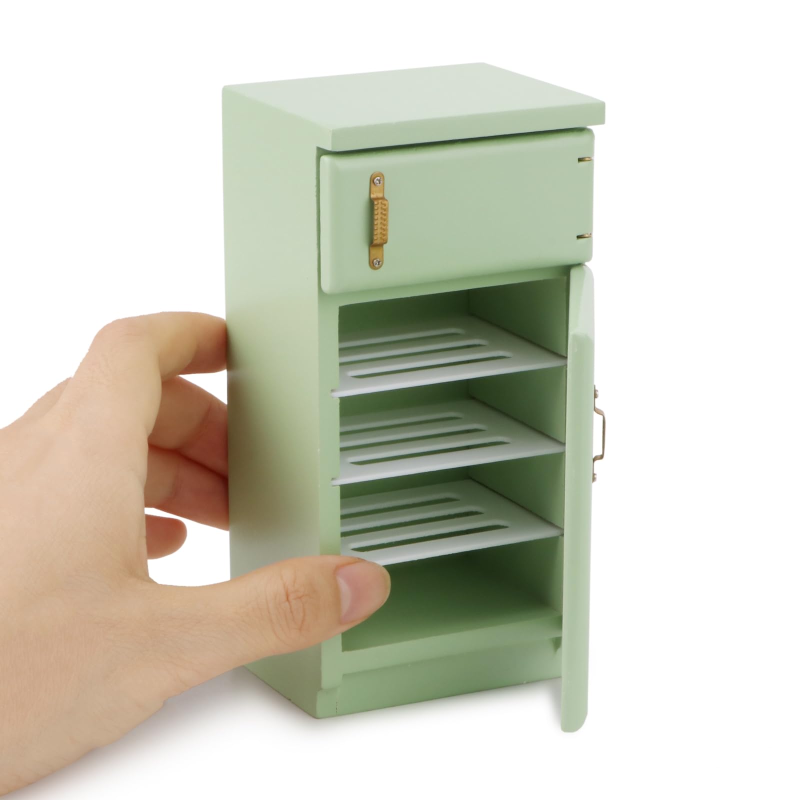 Photo 1 of 1/12 Scale Dollhouse Fridge Kitchen Furniture Miniature Simple Retro Style Refrigerator Prop Delicate Refrigerator Model Decor High Simulation Accessory Pretend Play (Light Green)