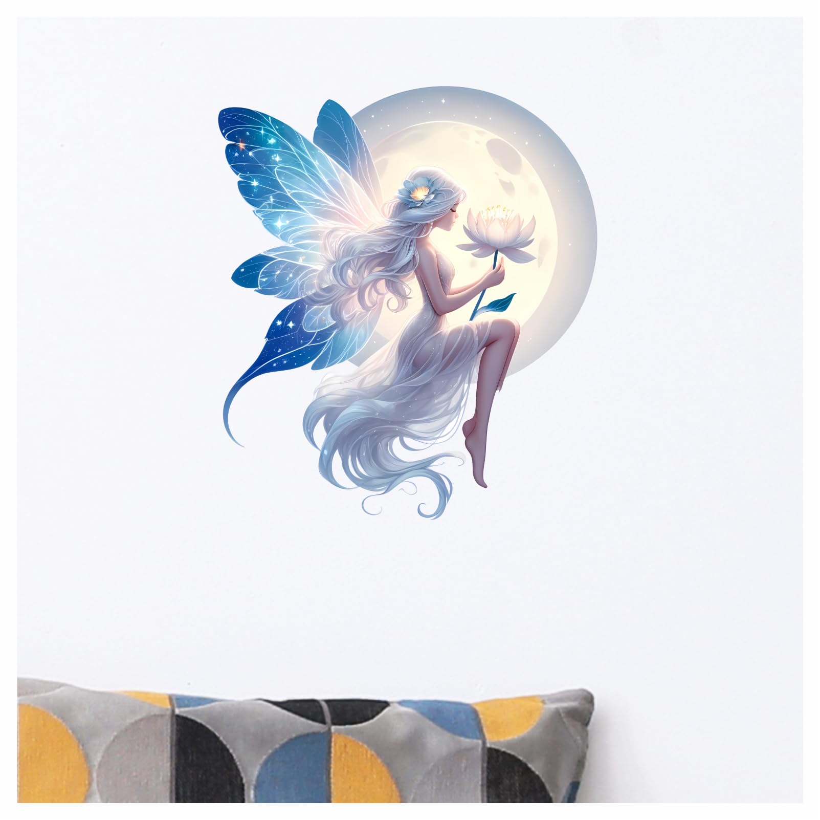 x4 White Fairy Holding Flower in The Moon Vinyl Stickers Non Transparent Fairies Art Decals 1@ 20cm for Toilet/Laptop and 3@ 7cm for Phone case Cups etc Cover Marks (Flower White) - Image 4